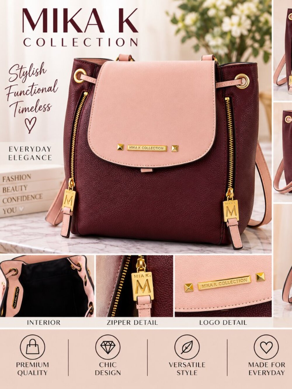 🎒✨ Brand New Chic Pink & Burgundy Backpack – Mia K Collection